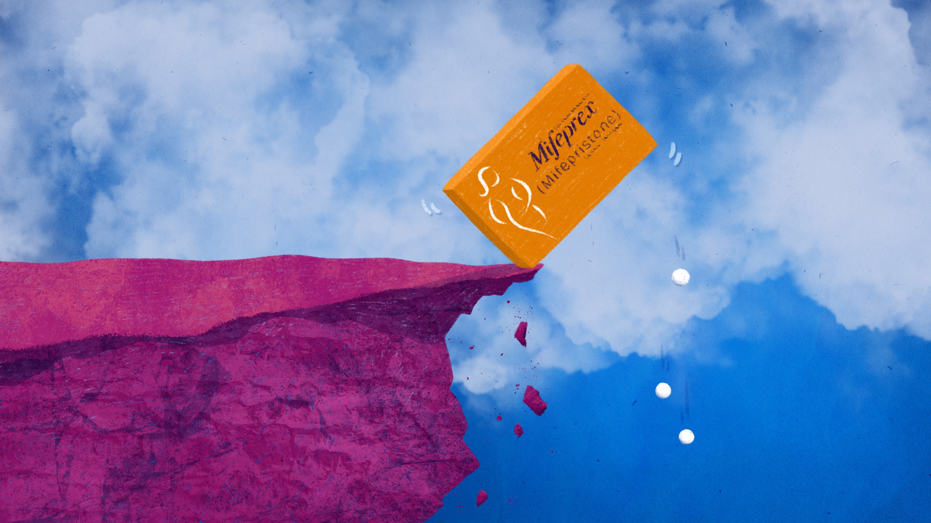 Illustration of a box of Mifeprex balanced on a cliff