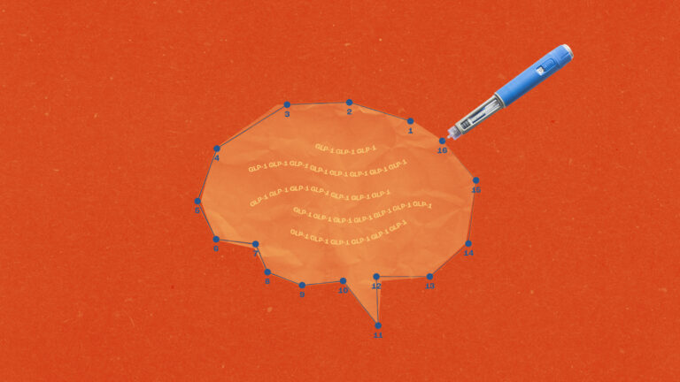 An Ozempic pen connects dots that make up the shape of a brain