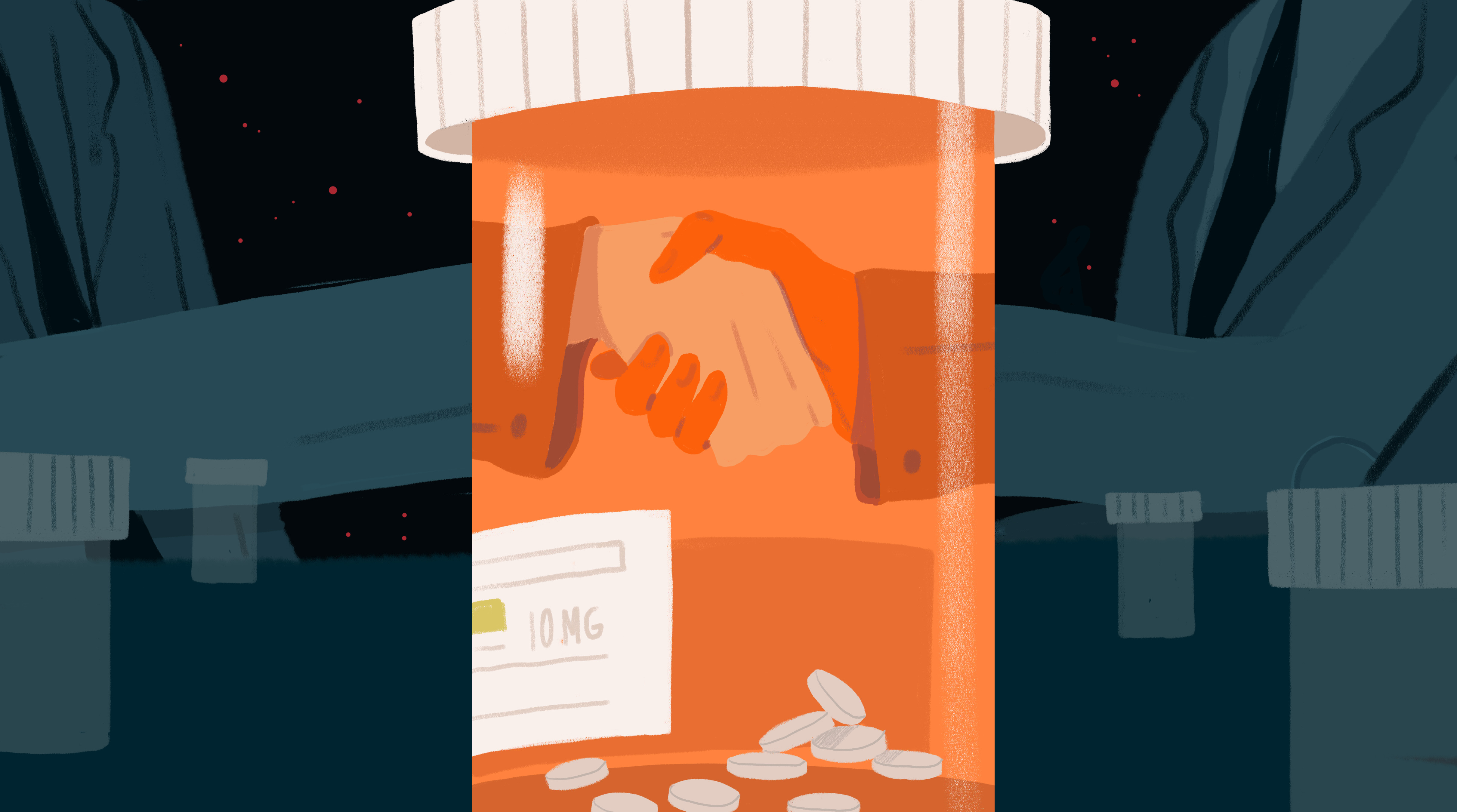 an illustration of a handshake behind a pill bottle