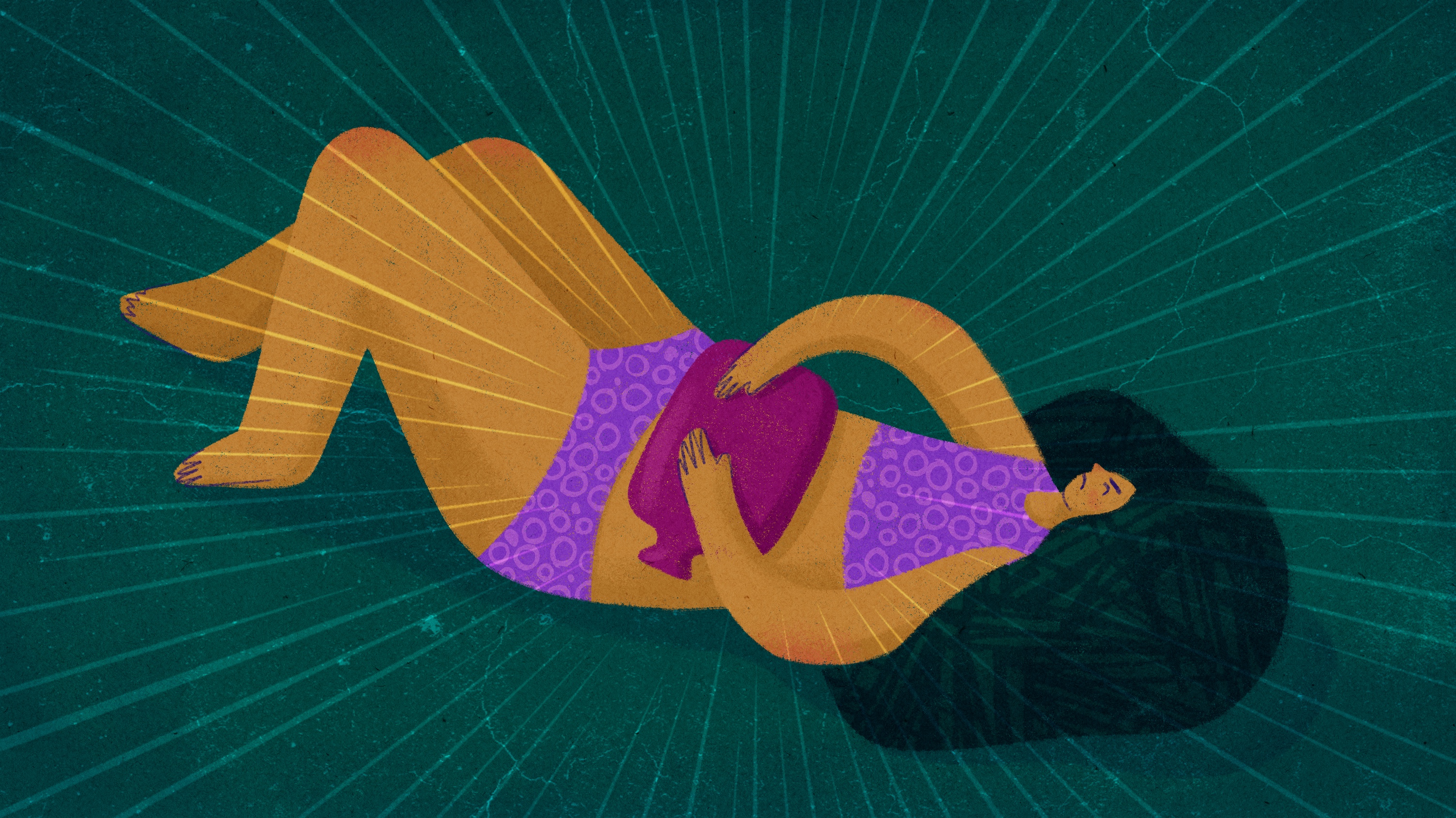 An illustration of a woman reclining with a hot water bottle on her abdomen
