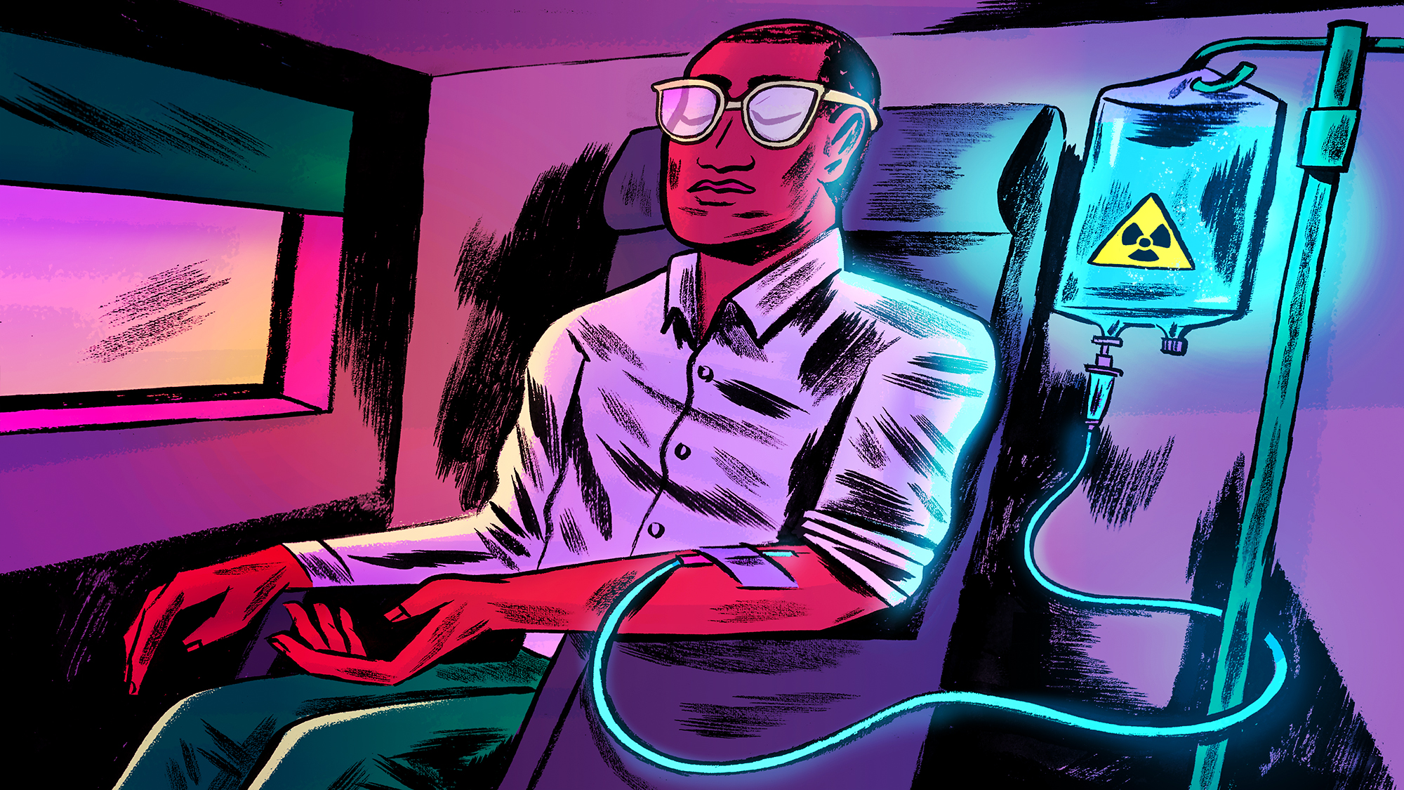 An illustration of a man sitting while receiving an IV infusion. The hanging IV bag has a radioactive symbol on it.