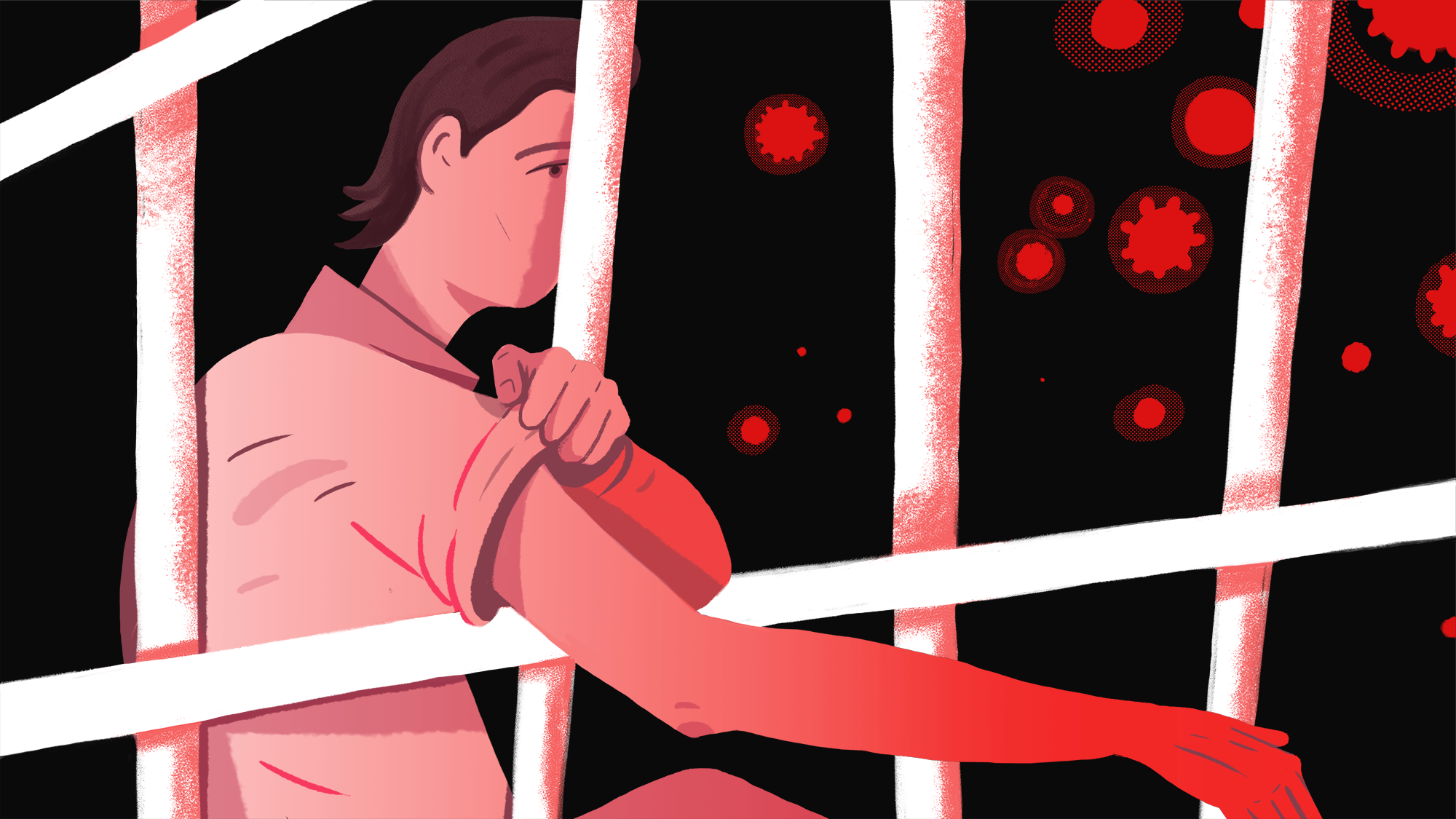 Illustration of an incarcerated person rolling up their sleeve as if to receive a Covid-19 vaccine from behind prison bars
