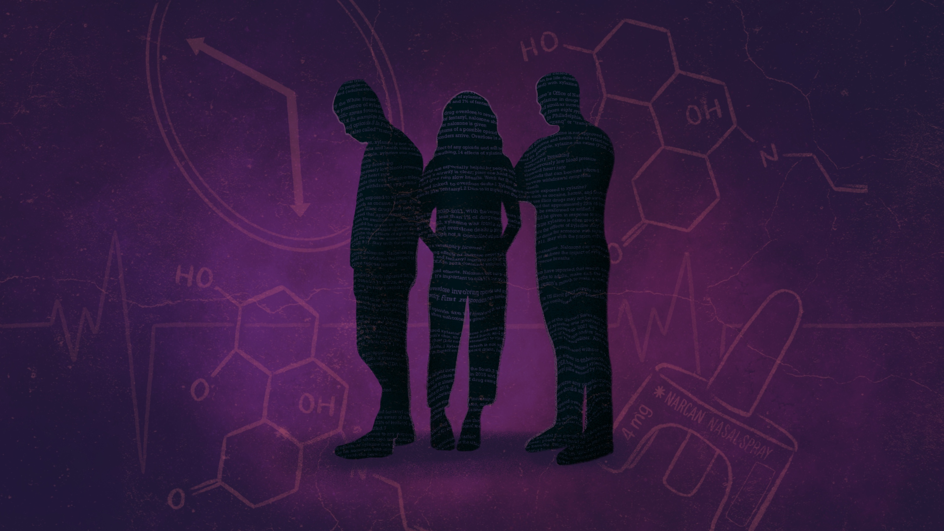 Three silhouetted people stand in the middle with images of a clock and narcan spray in the background.