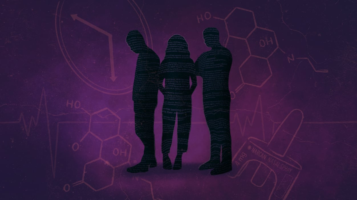Three silhouetted people stand in the middle with images of a clock and narcan spray in the background.