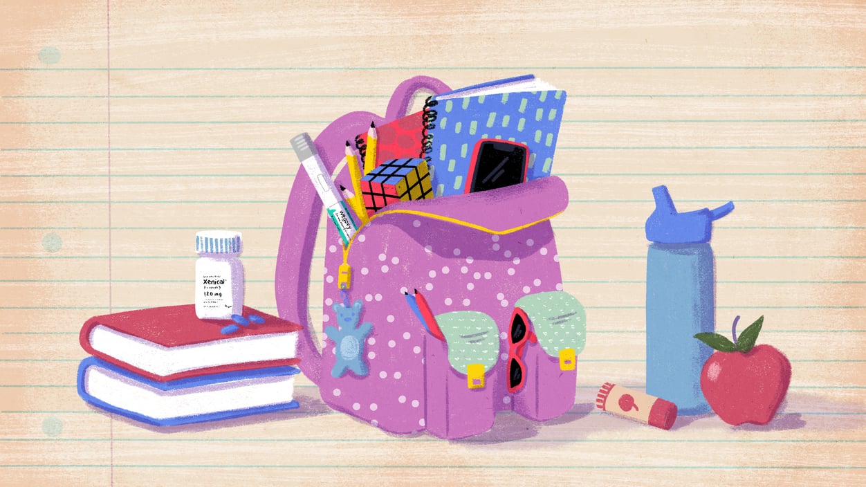 Illustration of a children's backpack overflowing with items including a vial of Wegovy and Xenical