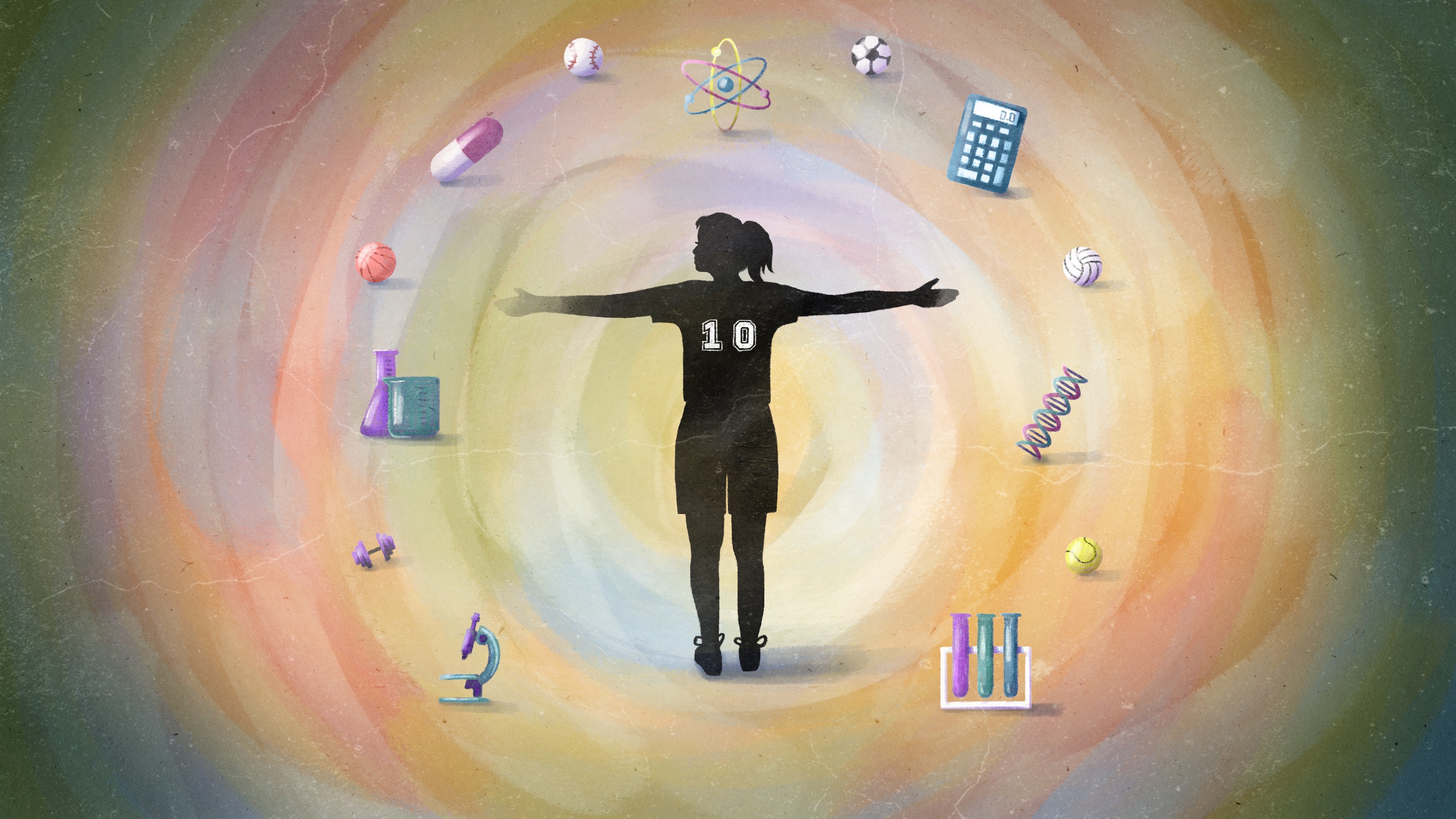 A silhouette of a woman wearing sports attire with arms stretched, surrounds by science and sports objects.