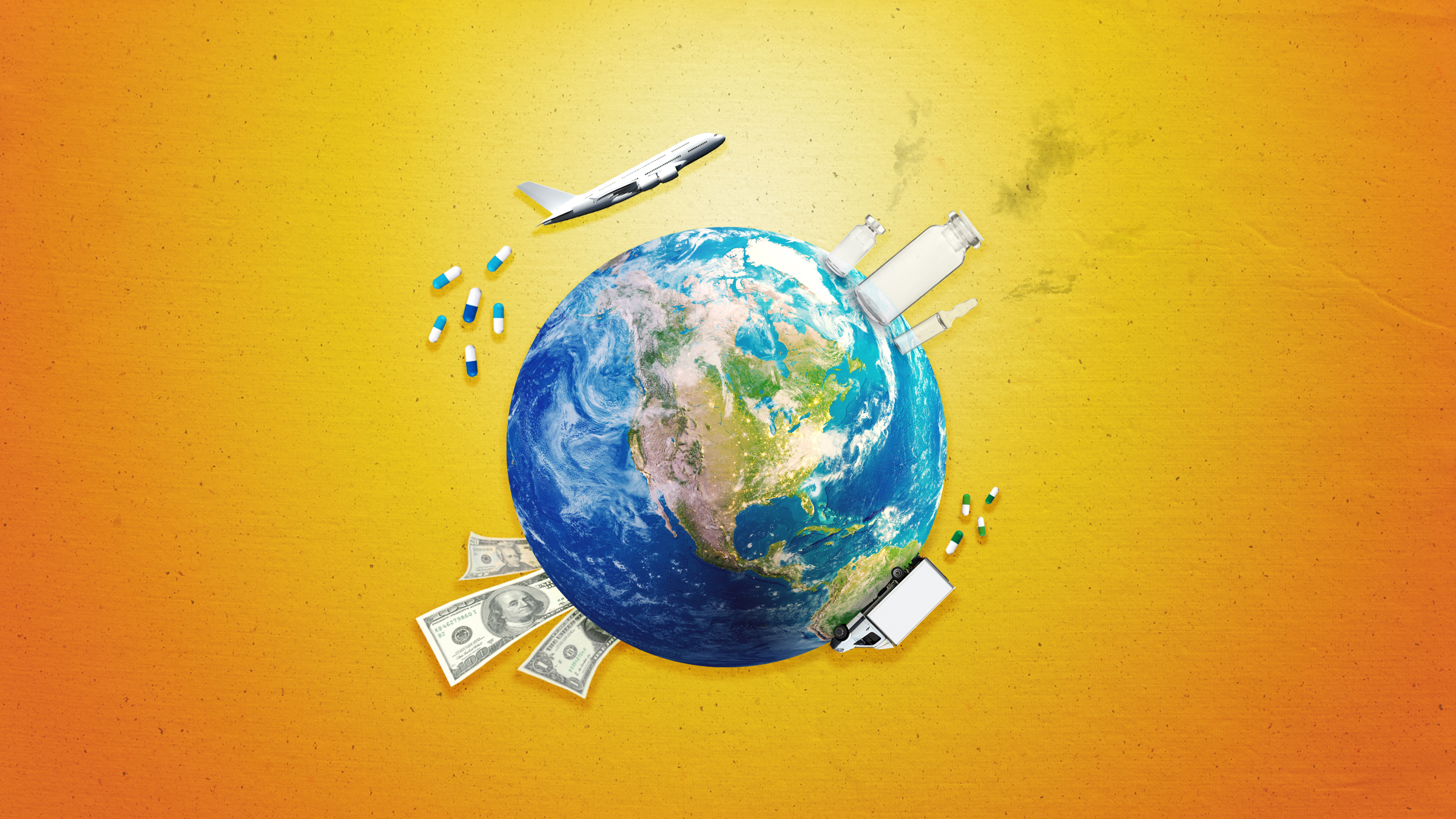 Illustration of a globe with images of polluting –airplanes, trucks, and medicine bottles