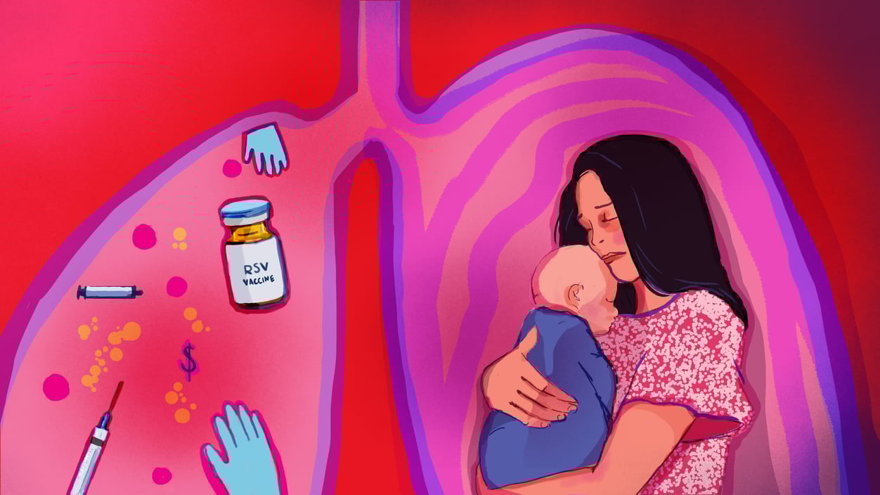 Illustrations of lungs. A mother holds her infant child on the right side of the lungs and left lungs show different RSV treatments