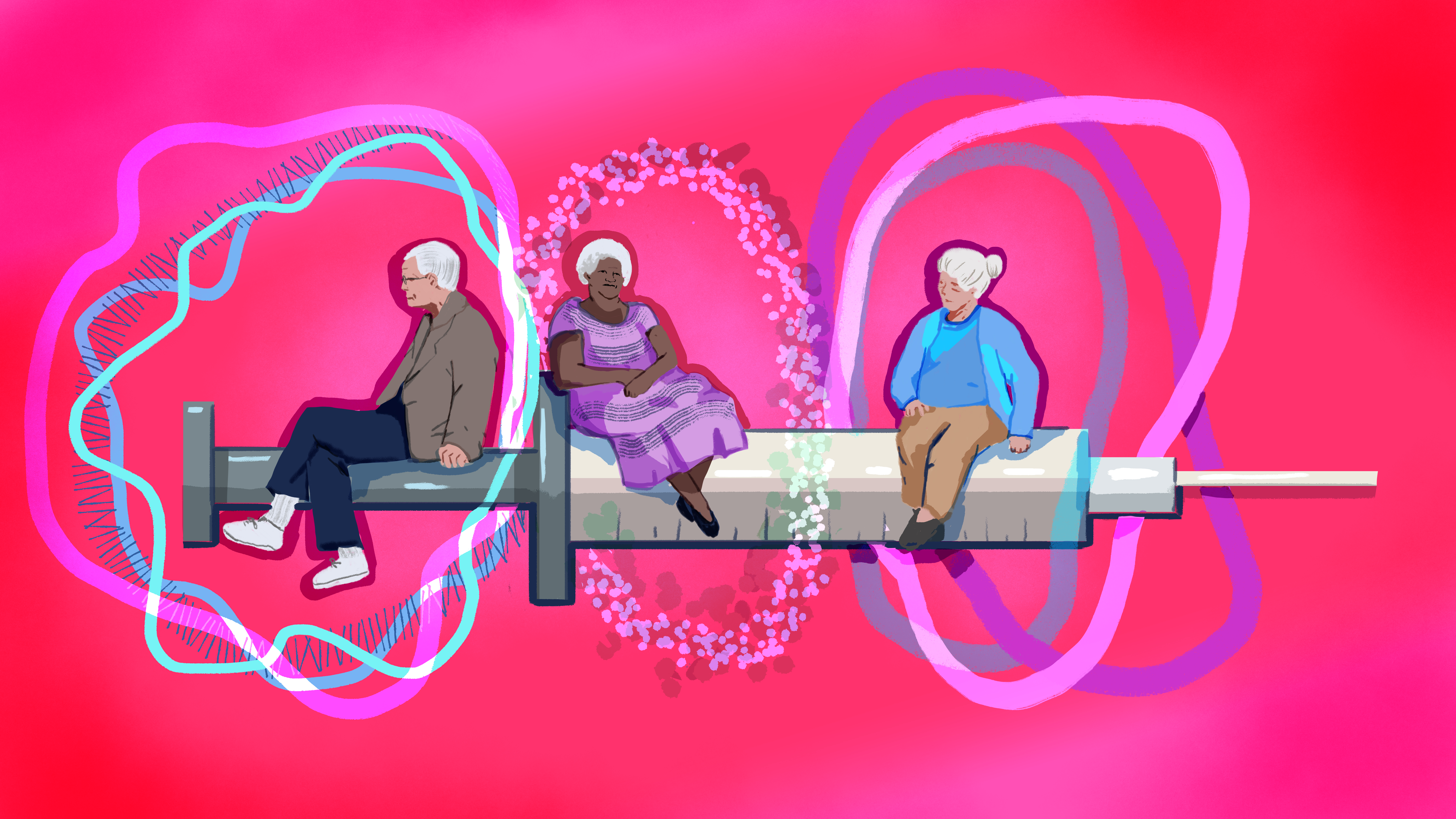 Colorful illustration of three seniors sitting on top of a large vaccine syringe and surrounded by abstract circles