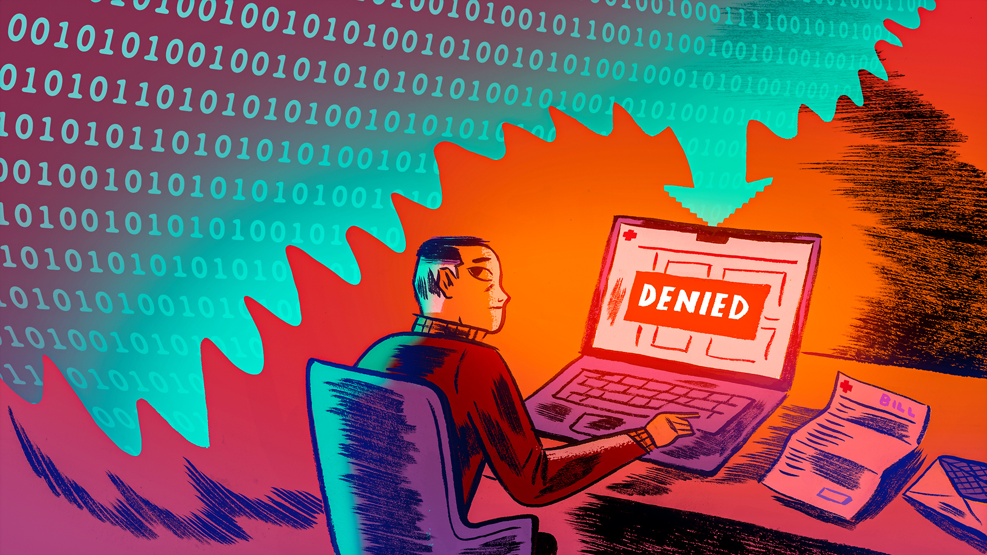 Colorful illustration of a man sitting at a desk with a laptop surrounded by a red haze. The word DENIED is on the screen all in red, zeros and ones make a pattern in the background
