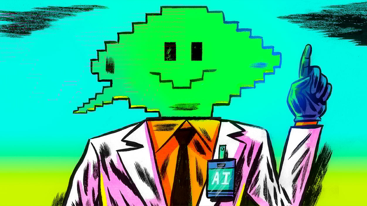 Illustration of doctor with an computer text bubble for a face for a story on Chat GPT and AI