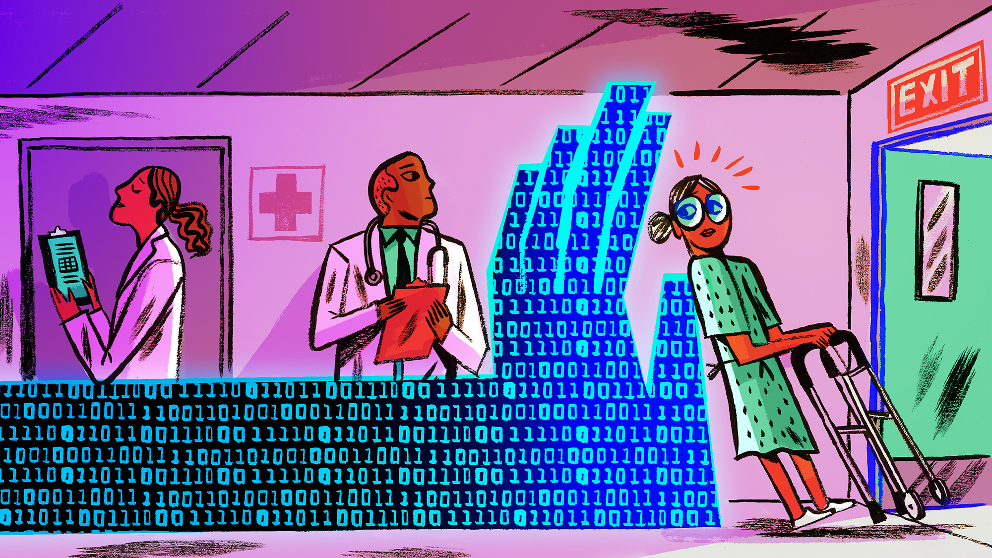 An illustration of a giant hand, made up of coding numbers 0s and 1s, pushes a patient out of the hospital doors.