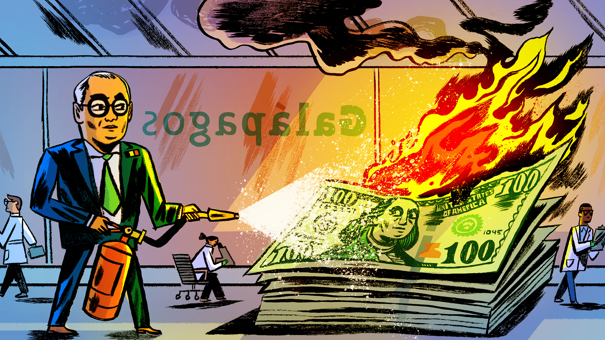 Illustration of Paul Stoffels extinguishing a flaming pile of money with a firehose