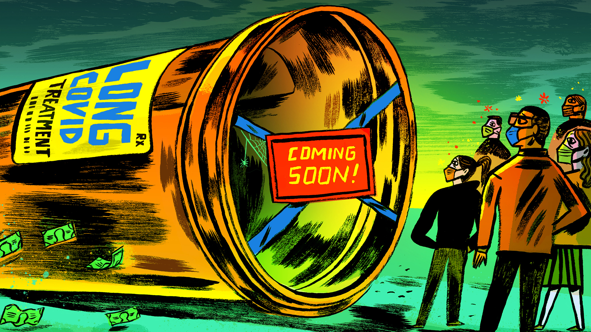 Illustration of a giant empty pill bottle labeled "long Covid treatment" with a "coming soon" sign taped on the front to illustrate the NIH failing to come up with a cure after billions in funding