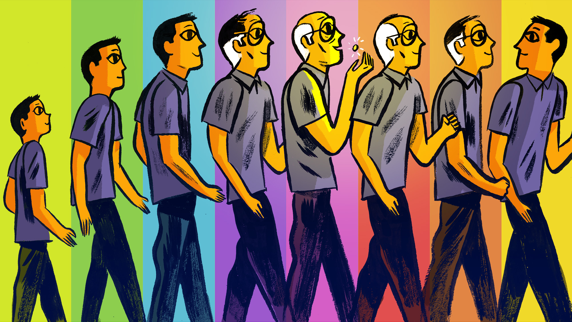 Illustration depicting man aging, then getting younger after taking a pill, against a rainbow colored backdrop