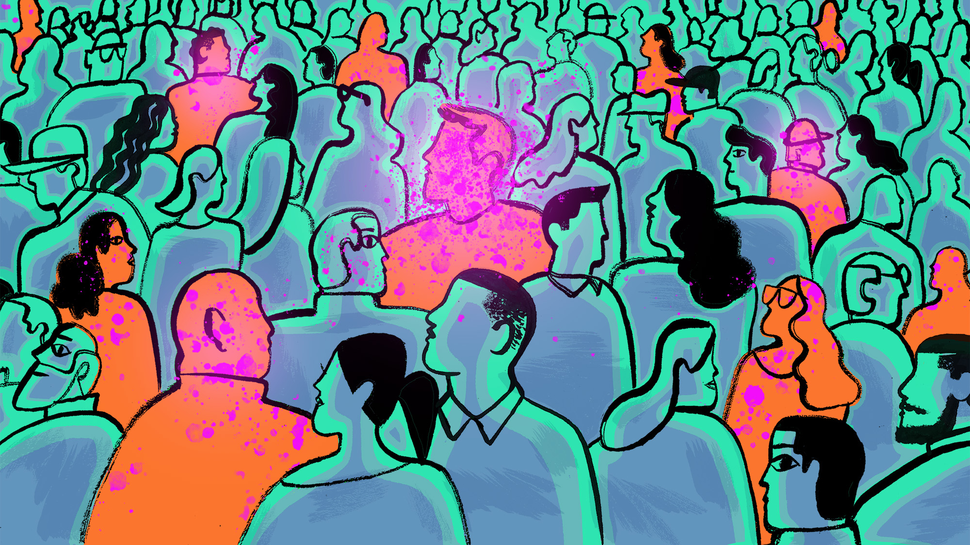 Illustration of a crowd of people, mostly adults. Some with pink spots surrounding them, representing germs spreading.