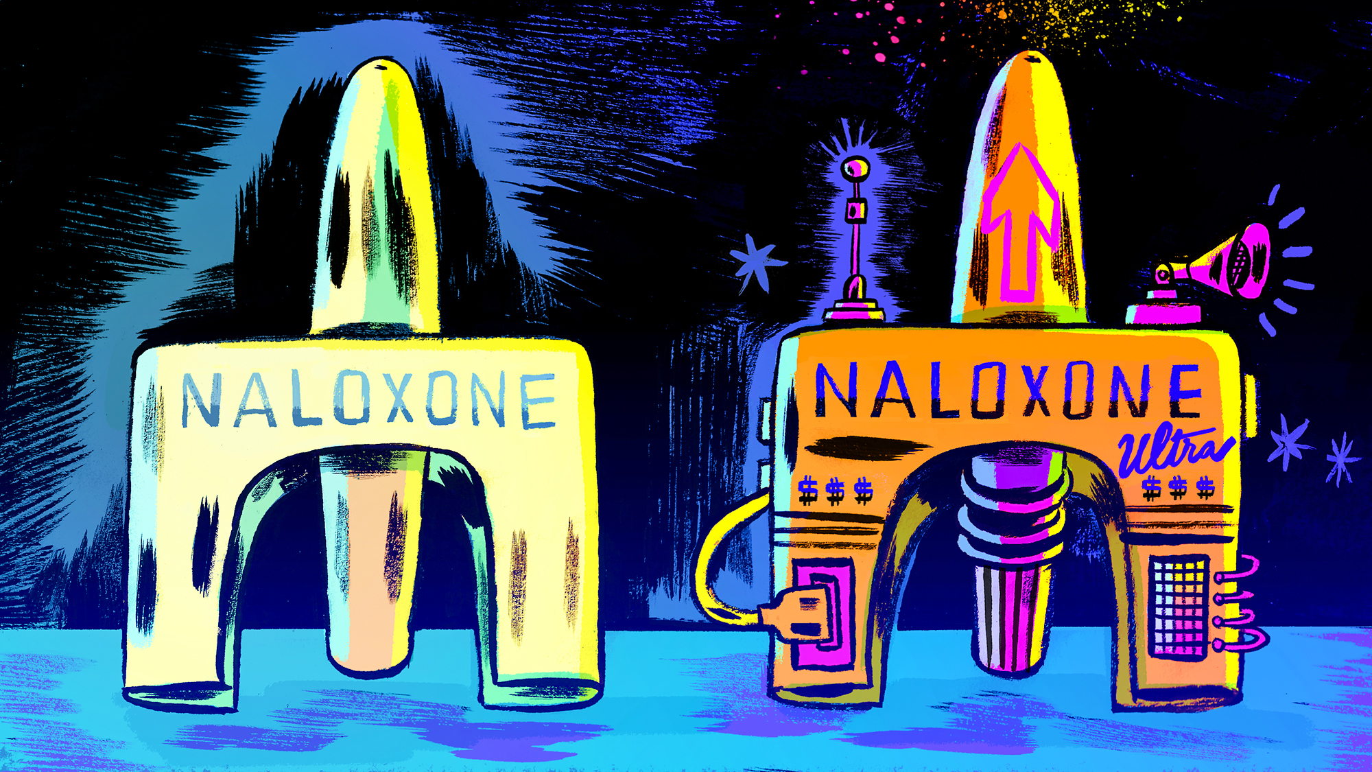 An illustration of two naloxone nasal sprays, the one on the right is decked out with bells and whistles to represent expensive and unnecessary versions of the same drug –– addiction coverage from STAT