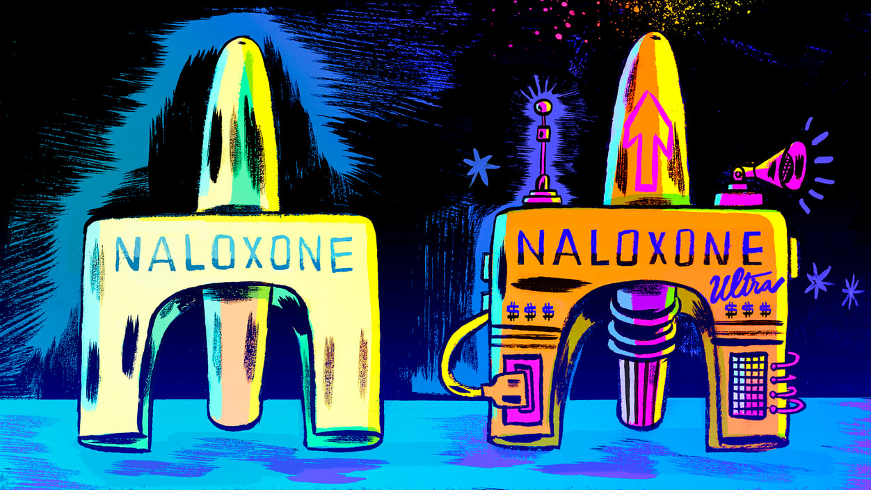 An illustration of two naloxone nasal sprays, the one on the right is decked out with bells and whistles to represent expensive and unnecessary versions of the same drug