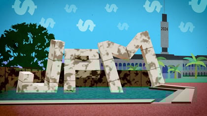 Illustration of san francisco with the JPM logo styled as a fountain for JP Morgan biomedical conference 2024