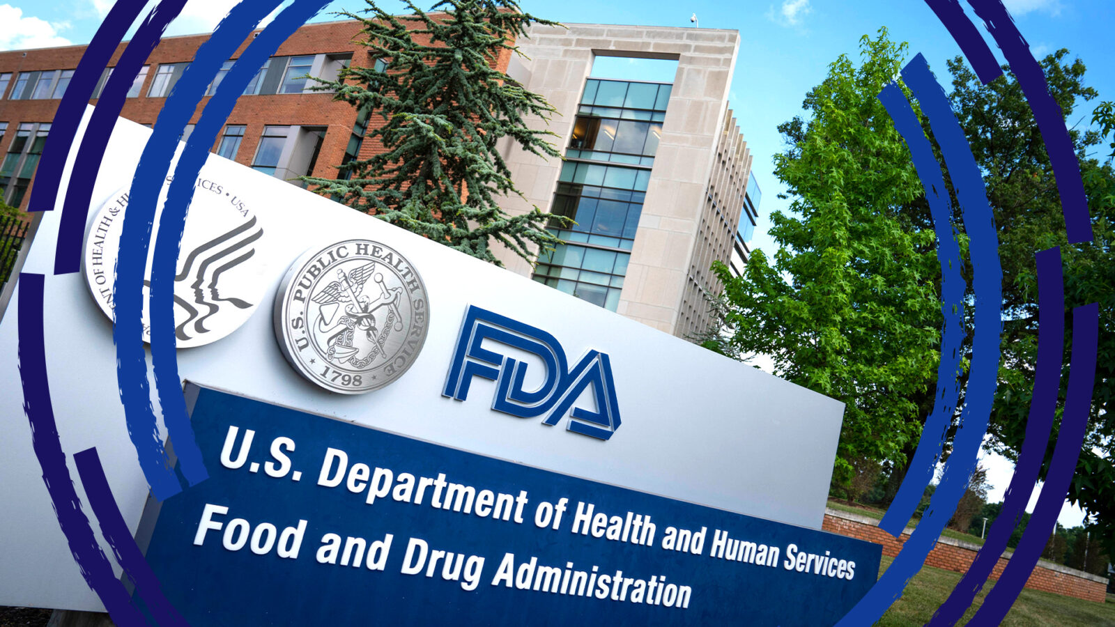 The front sign of the FDA building, seen from a sort of Dutch angle, with a lab dish circular overlay