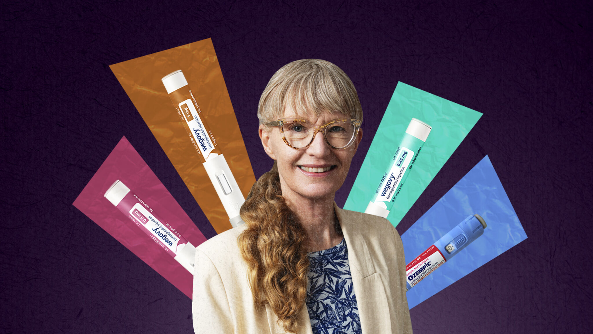 Photo collage illustration of Lotte Knudsen with Wegovy and Ozempic injectors positioned behind her.