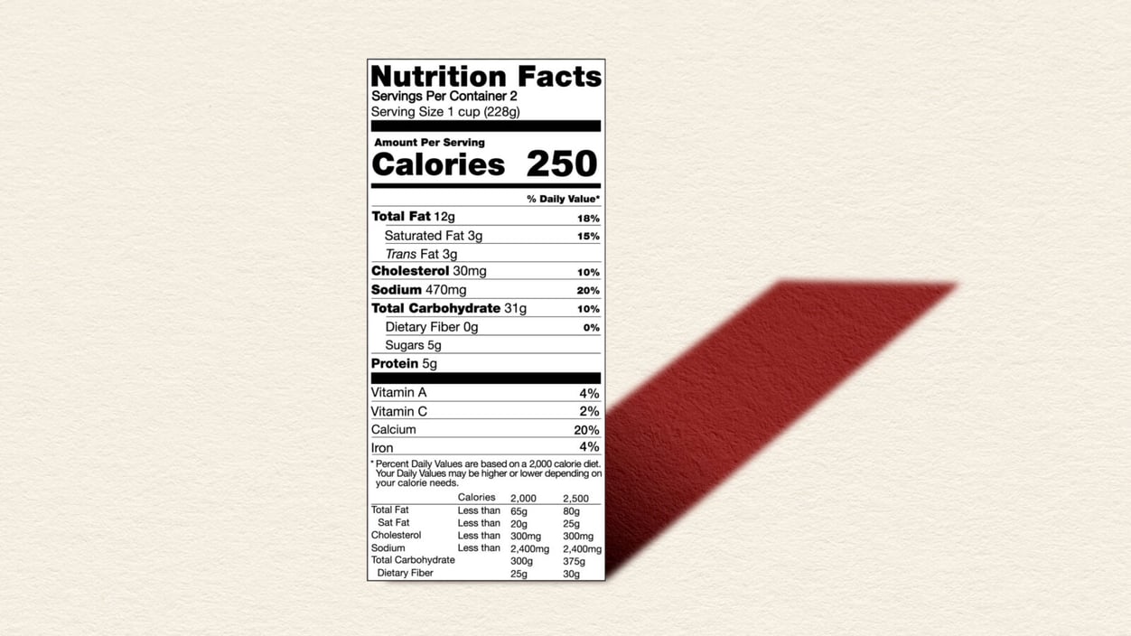 A nutrition facts label stands alone, a shadow falling behind it.