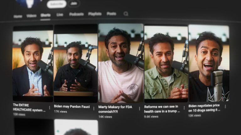 A series of YouTube thumbnails, all of which show Vinay Prasad speaking directly to camera.