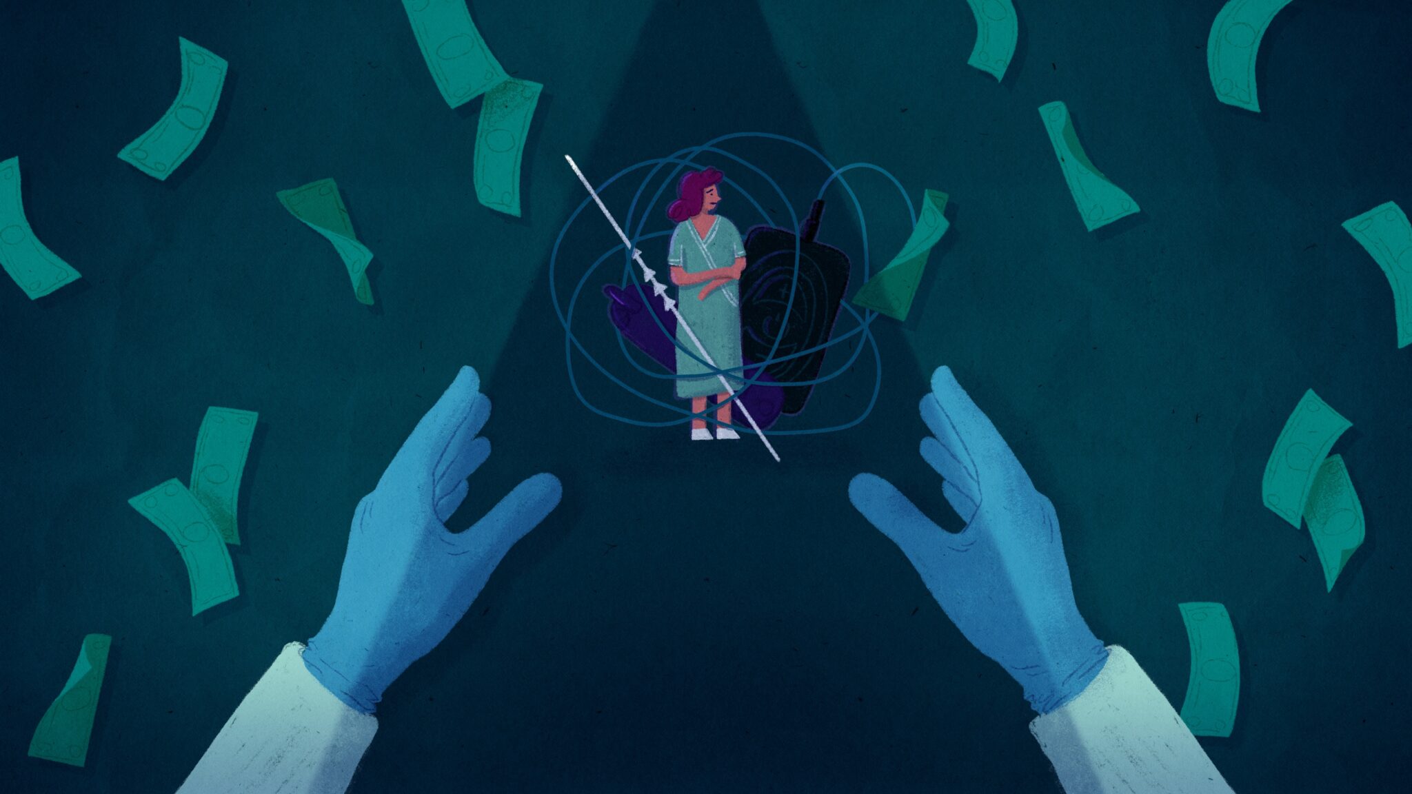 Illustration of gloved hands reaching toward a woman in a hospital gown, with a medical device and money in the background