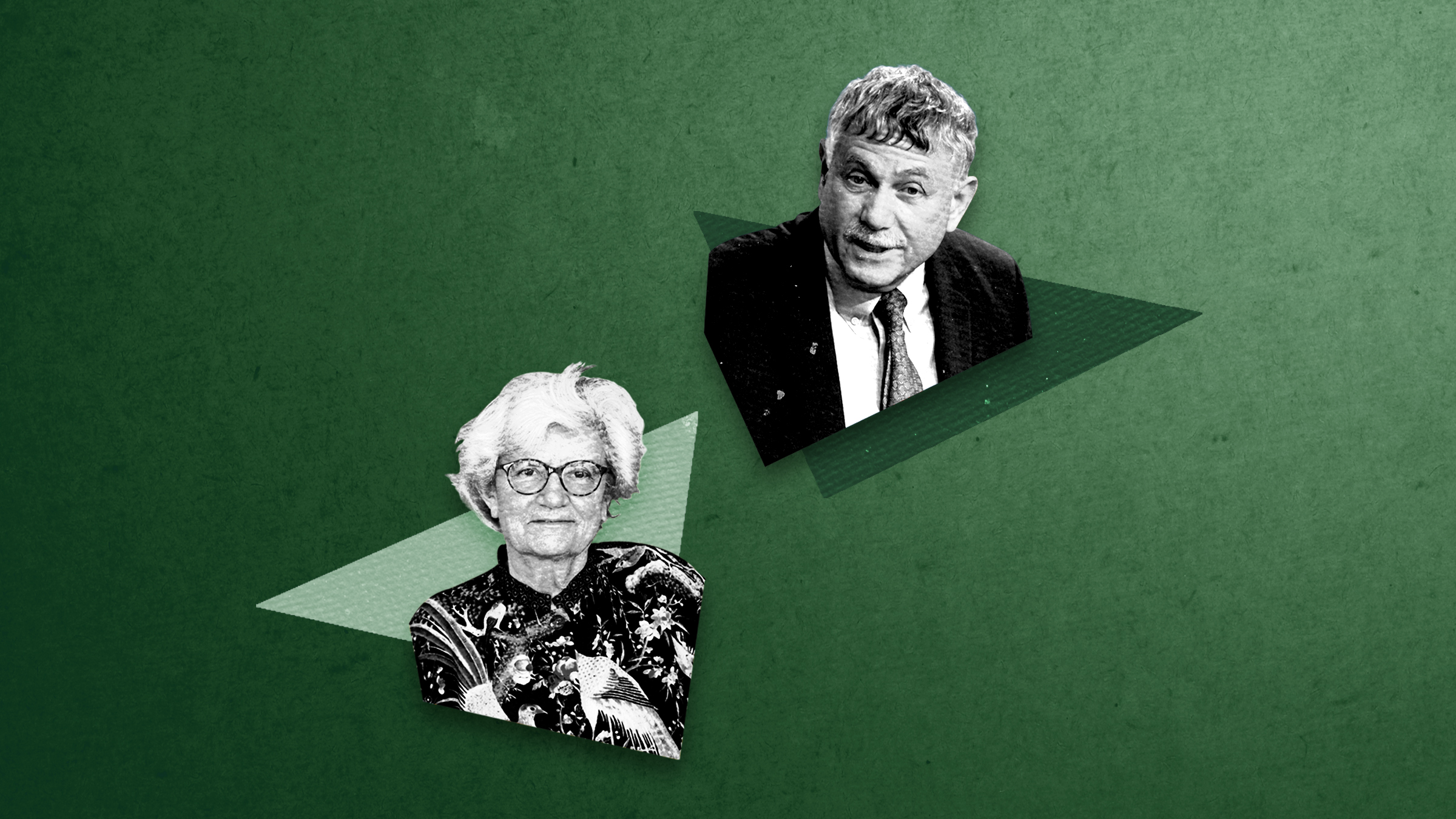 B&W portrait of Nancy Hopkins on top of a green triangle next to B&W portrait of Eric Lander on top of another green triangle