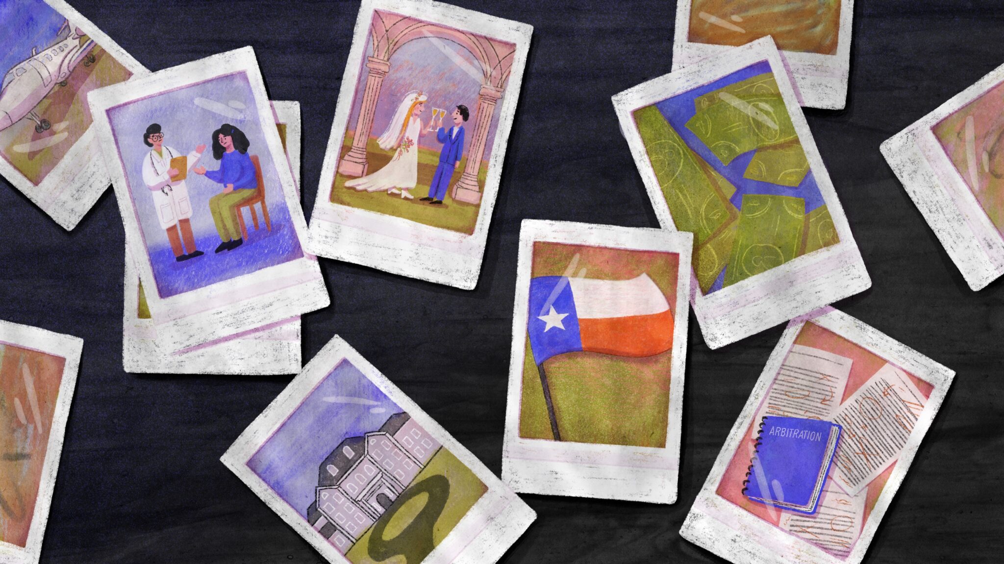 An illustration of polaroid photos scattered across a flag surface. The photos (again, illustrated) show the Texas flag, a doctor's appointent, a wedding, a mansion, a notebook, a plane, money. 