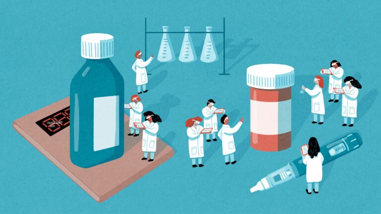 Illustration of researchers working among oversized pill bottles, lab equipment, and medicine for story about the development of obesity medications