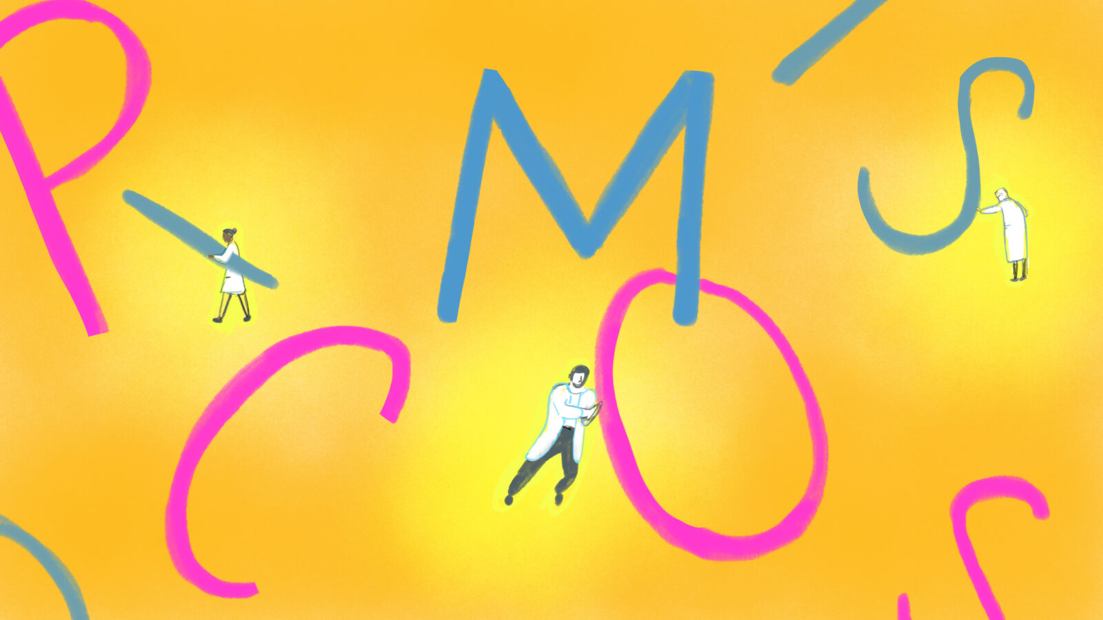 An illustration of doctors in white coats carrying and rearranging huge letters: P, C, O, S, I, and M. 
