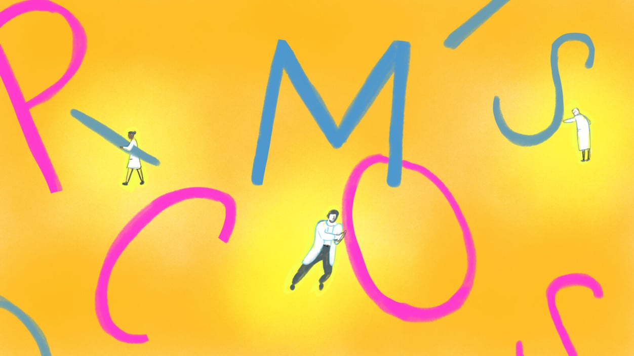 An illustration of doctors in white coats carrying and rearranging huge letters: P, C, O, S, I, and M.