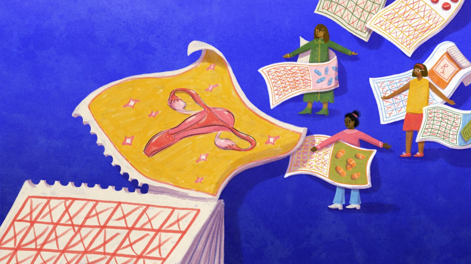 An illustration of a page tearing off a calendar, the page itself illustrated with a female reproductive organ system. Behind that big calendar, a bunch of illustrated women stand, wrapped in their own reproductive calendars. 