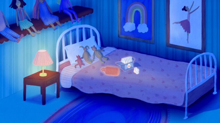 Illustration of a child's room with a rainbow and ballerina painting adorning the walls. Along with teddy bears on the bed, you see a box of menstrual pads and a warm water bottle. 