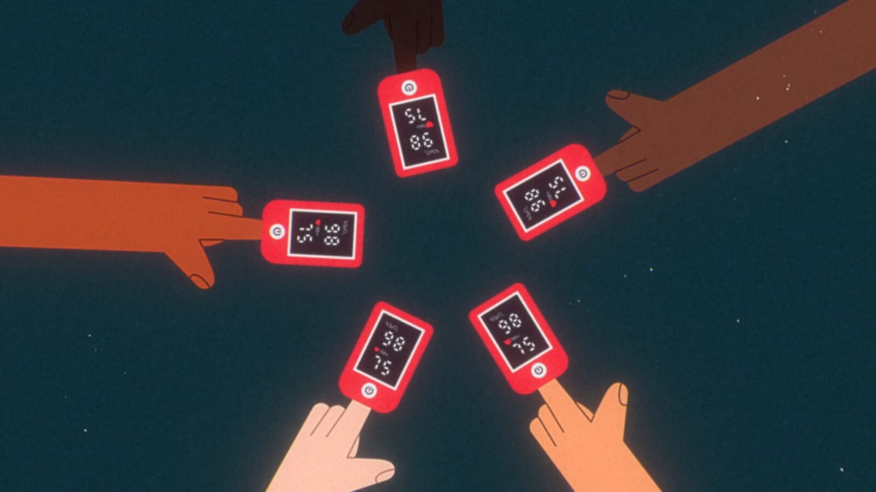 An illustration of a circle of pulse oximeters, all measuring the oxygen levels of people with different skin tones.