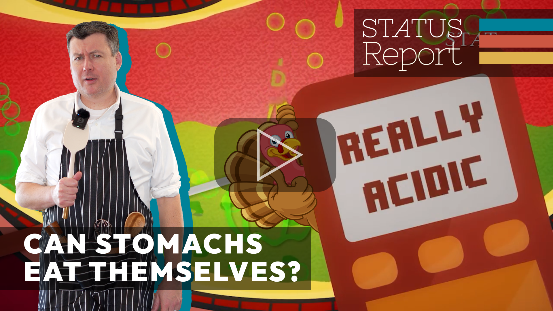 Alex stands in an apron, holding a spatula with a microphone attached to it. The caption reads: Can stomachs eat themselves? 