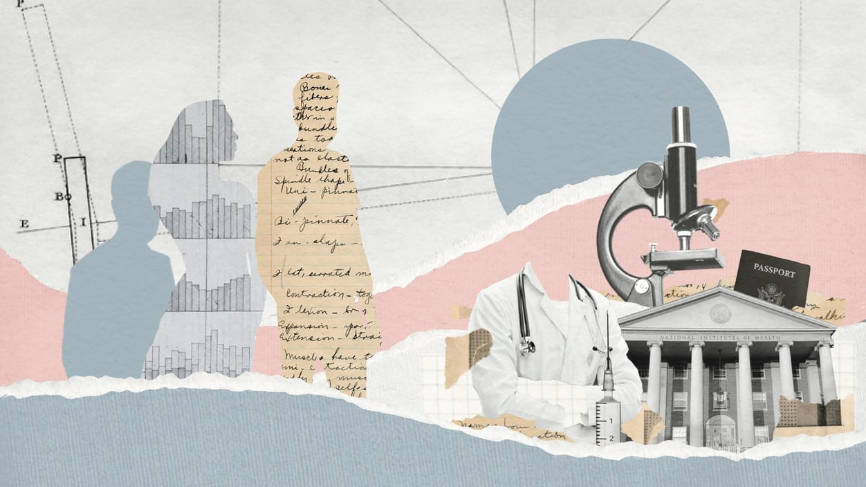 A collage of abstract human figures and scientific objects like a microscope, and also a passport. Everthing hued in faded colors of the trans flag: baby blue, pink, and white.