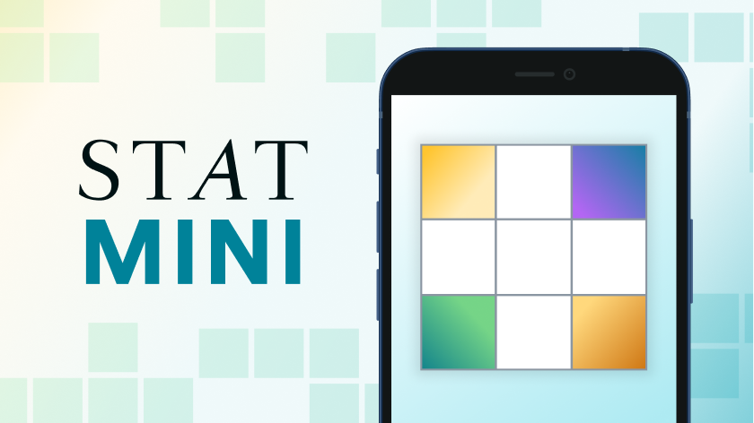 An advertising image, featuring the words "STAT MINI" next to a phone with a blank, colorful crossword grid on the screen.. 