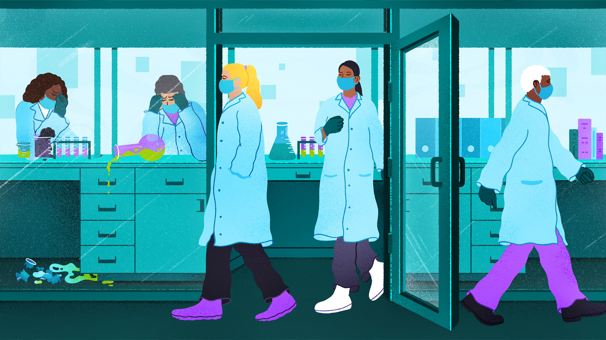 Illustration of a lab with some scientist exiting while others are left behind with a mess.