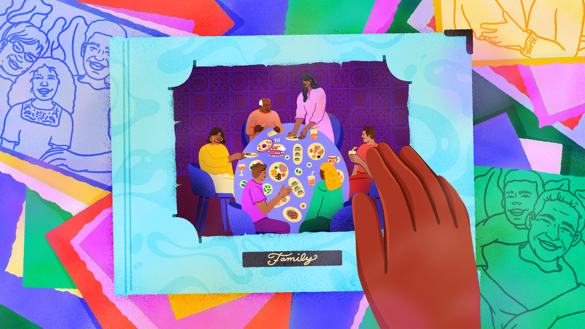 Colorful illustration of a family photo album. On the front cover is a family sitting down for dinner and behind are family photos.
