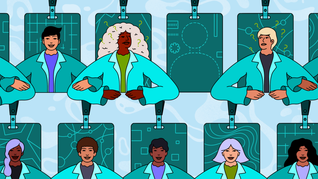 An illustration of a bunch of doctors popping out of their ID cards and linking arms.