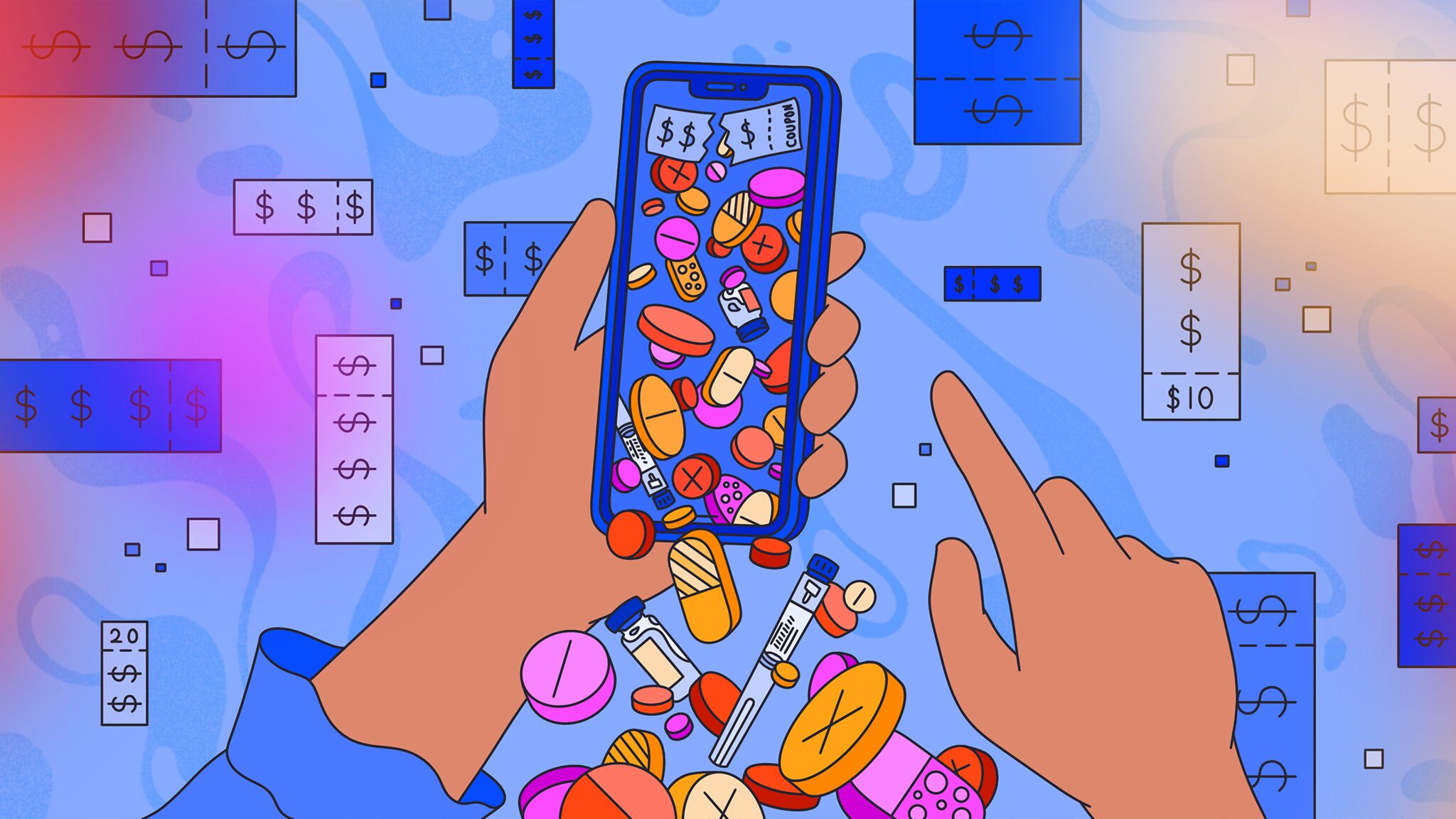 An illustration from the POV of somebody looking down at their phone. Pills, vials, and injectables are spilling off the screen.