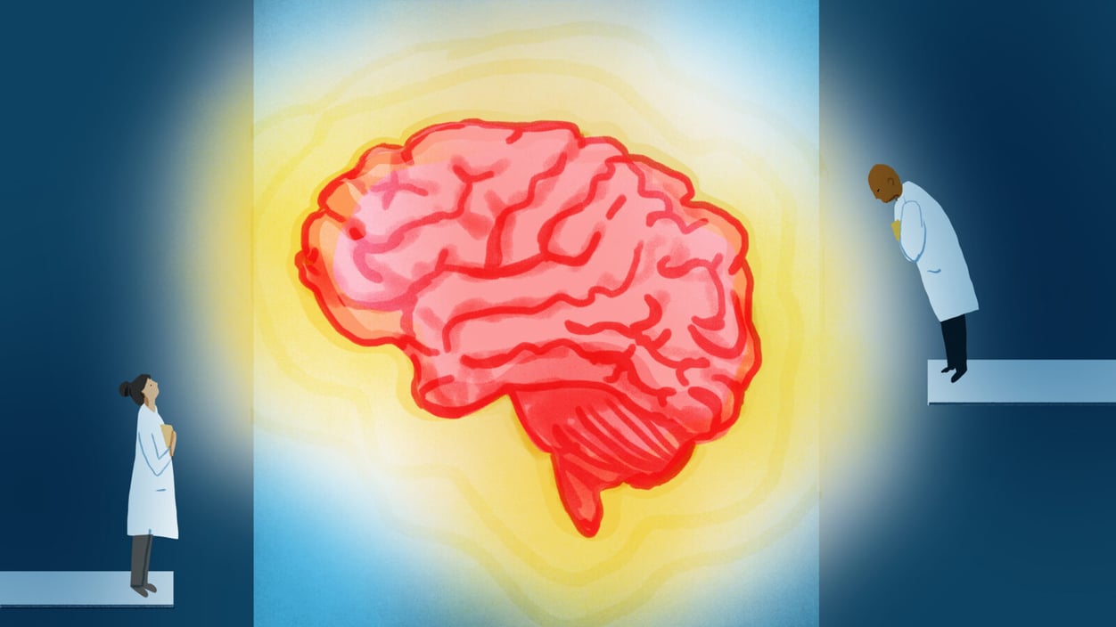 An illustration of two scientists analyzing a giant pink brain.