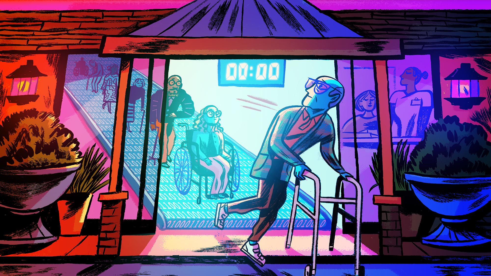 Colorful illustration of a man with a walker exciting a care facility with a conveyor belt of patients behind him and a countdown clock on the door.