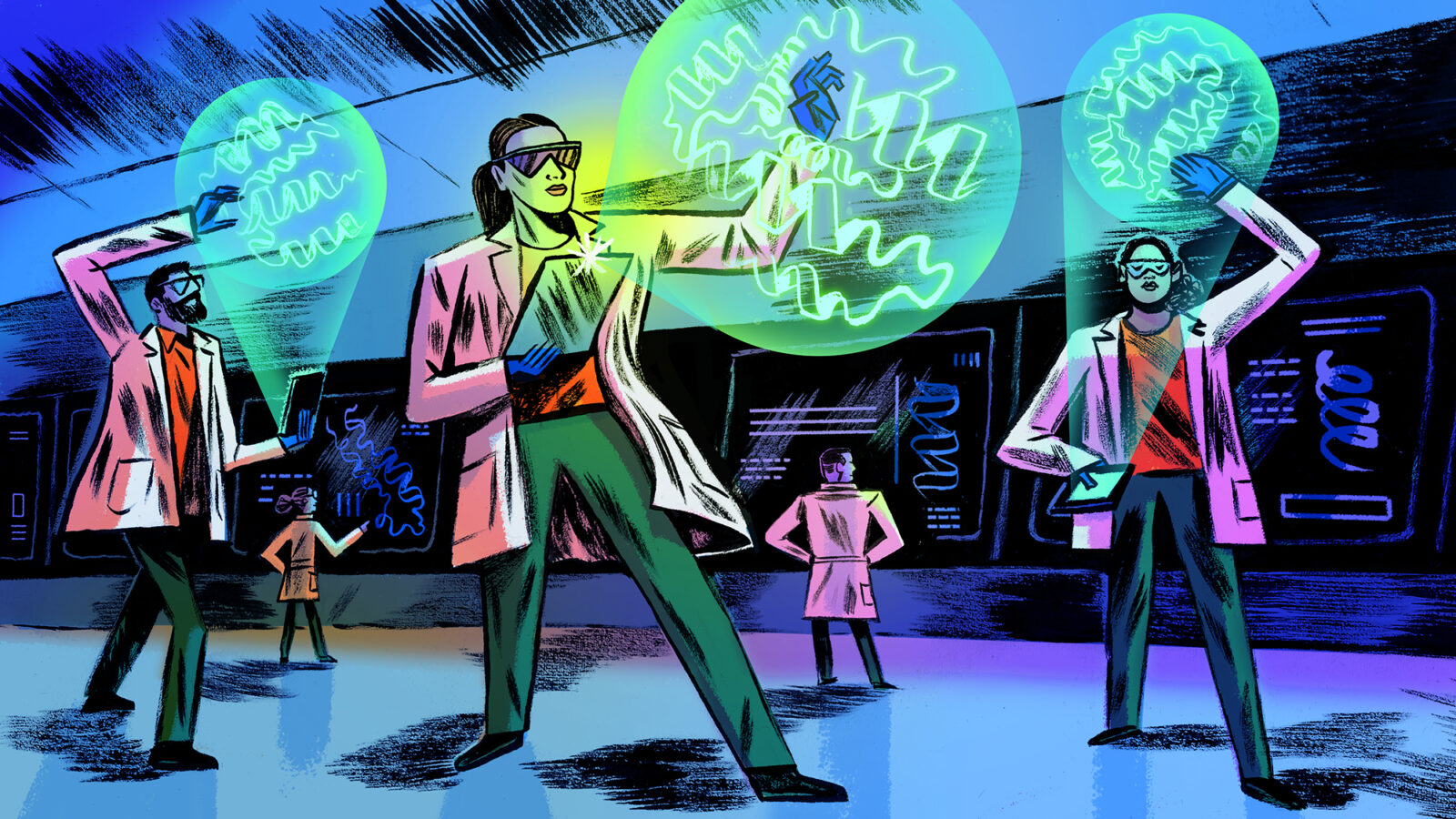 Colorful illustration of scientists using computers and Artificial Intelligence technology to visualize proteins for drug development