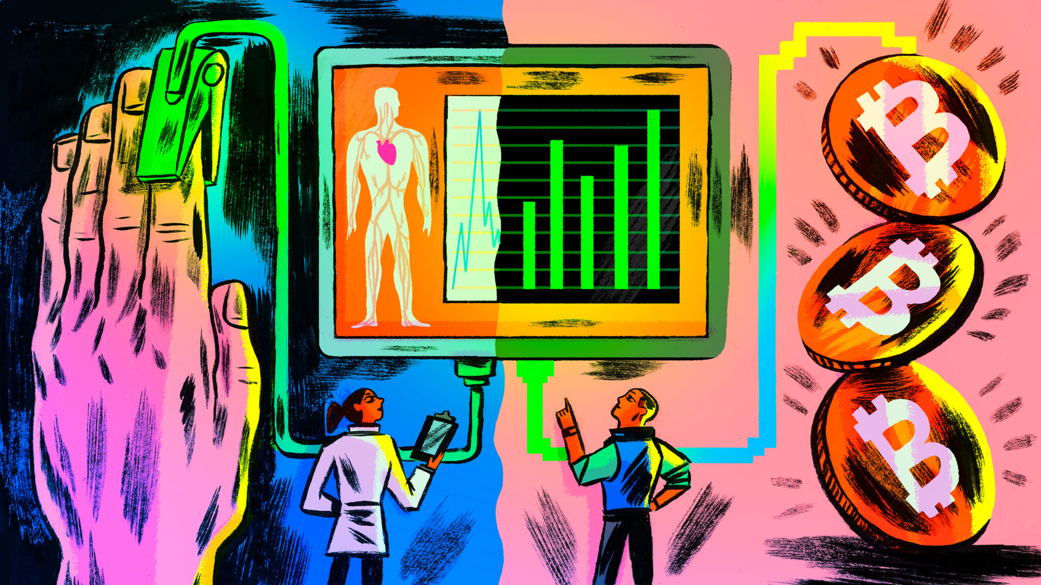 A colorful illustration shows a hand with a pulse oximeter attached to the pointer finger with a cord connecting it to a screen with an image of health metrics. But there's another cord coming out of the screen, that connects to bitcoins.