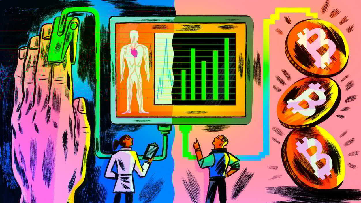 A colorful illustration shows a hand with a pulse oximeter attached to the pointer finger with a cord connecting it to a screen with an image of health metrics. But there's another cord coming out of the screen, that connects to bitcoins.