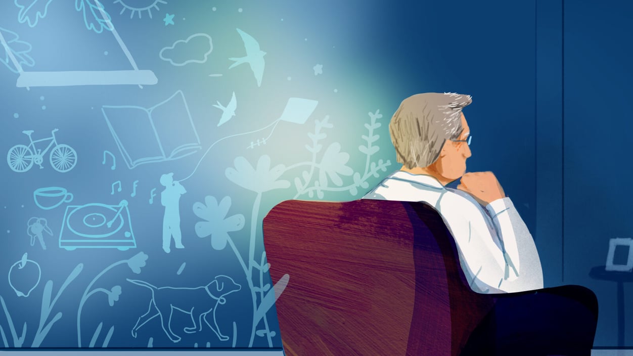 An illustration of an older man sitting contemplatively in an armchair, facing away from the viewer's perspective.