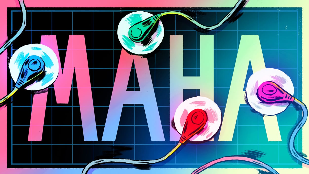 A colorful illustration of the acronym "MAHA" sits against a dark grid baackground. Colorful stethoscopes overlay the image.